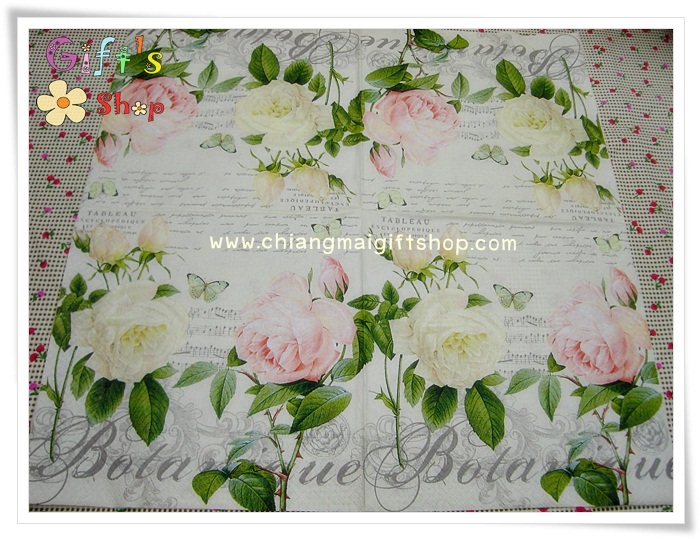 กระดาษแนปกิ้น ลายดอกกุหลาบสีขาว สีชมพู พื้นหลังสีครีม