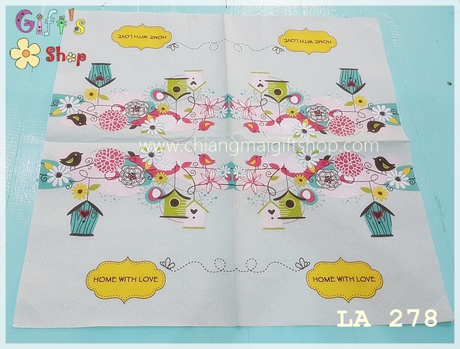 กระดาษแนปกิ้น ลายบ้านนก ดอกไม้ Home with love พื้นหลังสีฟ้าอ่อน