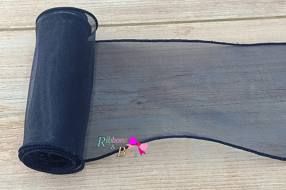 ริบบิ้นผ้าเย็บขอบสีดำ ผ้าไหมแก้ว ขนาด 10 ซม. (ขายเป็นหลา)