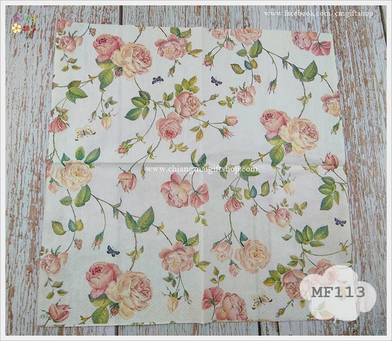 กระดาษแนปกิ้น ลาย New Rambling Rose, ลายดอกกุหลาบ, ลายดอกกุหลาบสีชมพู ลายดอกไม้, ลายกุหลาบเลื้อย, พื้นหลังสีครีม