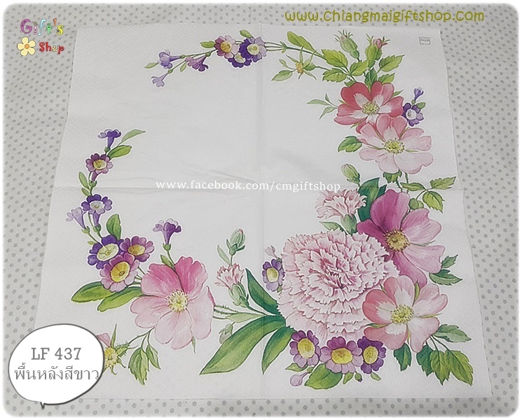 กระดาษแนปกิ้น ลายดอกไม้ สีชมพูสีม่วง ดอกคาร์เนชั่นสีชมพู ใบไม้สีเขียว พื้นหลังสีขาว Carnation Flower