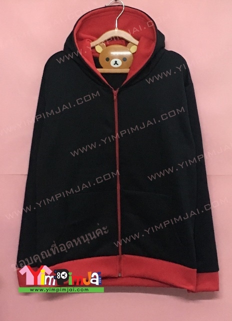 เสื้อฮู้ดสีดำ จั๊มแดง ซิปแดง ข้างในหมวกแดง