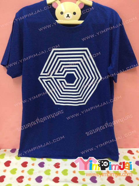 เสื้อยืด สีน้ำเงิน แขนสั้น สกรีนตามสั่ง ลาย EXO ขาว