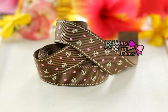 ริบบิ้นผ้าพิมพ์ลายสมอเรือ กว้าง 25 mm #AG1