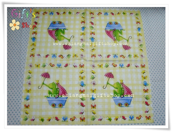 กระดาษแนปกิ้น ลายกบนั่งในรถเรือใบกางร่ม พื้นหลังลายสก็อตสีขาวเหลือง