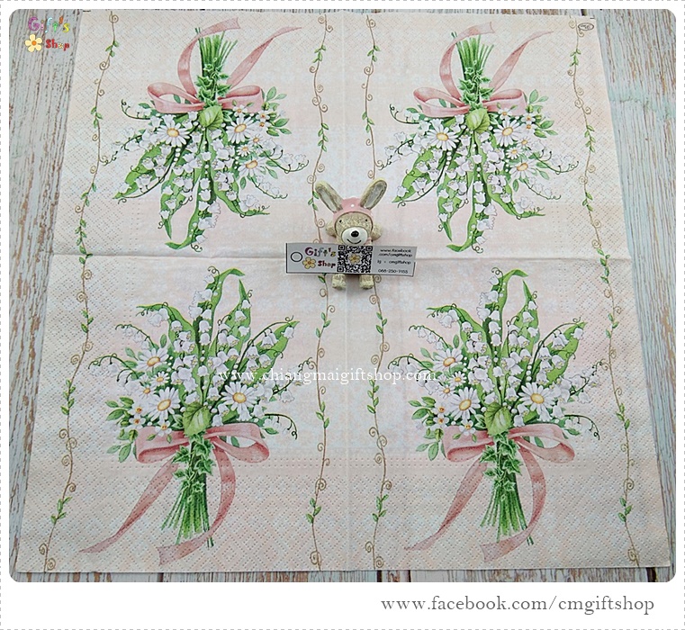 กระดาษแนปกิ้นยุโรป, ขนาด 33*33 ซม., ลายช่อดอกระฆังแก้ว, ลายช่อดอกทิงเกอร์เบลล์, ลายช่อดอกไม้สีขาวผูกโบว์, พื้นหลังสีชมพูโอลด์โรสอ่อน, ขอบลายใบไม้, พื้นหลังสีอ่อน