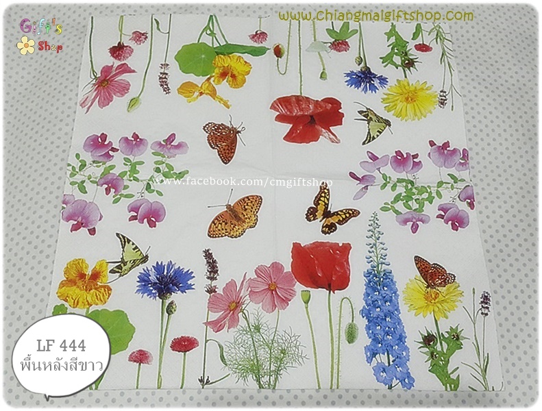 กระดาษแนปกิ้น ลายดอกดาวกระจาย ดอกไม้สีชมพู สีแดง ช่อดอกไม้สีม่วง ผีเสื้อ ใบไม้สีเขียว พื้นหลังสีขาว Summer Time