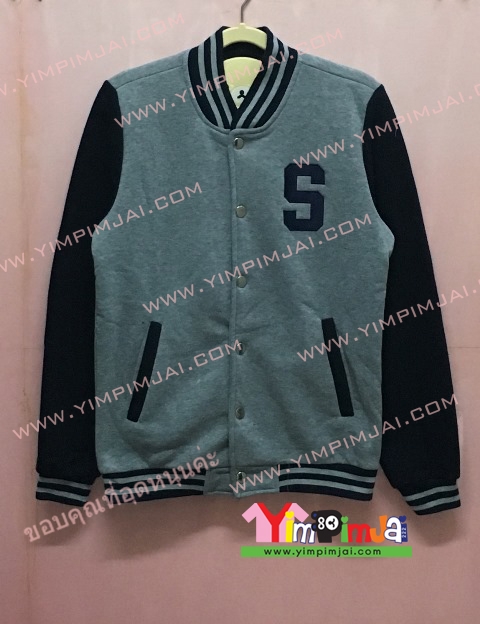 เสื้อกันหนาว เบสบอล สีเทา แขนยาวดำ กระดุมเทา มีกระเป๋า สกรีนตามสั่ง S Voice Academy