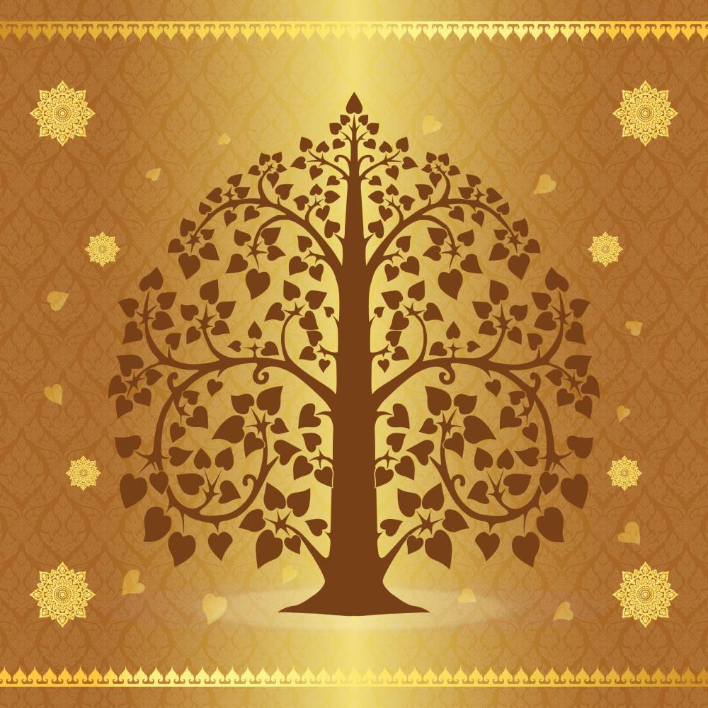 วอลเปเปอร์ติดผนังภาพต้นโพธิ์ทอง สีแดง/น้ำเงิน/ดำ/น้ำตาล/เขียว/ทอง/ขาว CS-2022-BDT-005