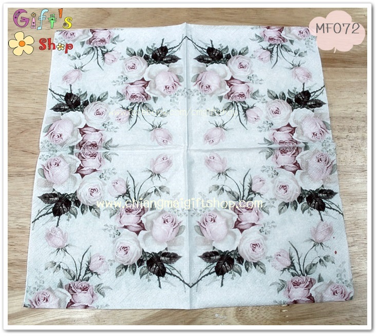 กระดาษแนปกิ้น ลายดอกกุหลาบสีชมพู พื้นหลังสีขาว