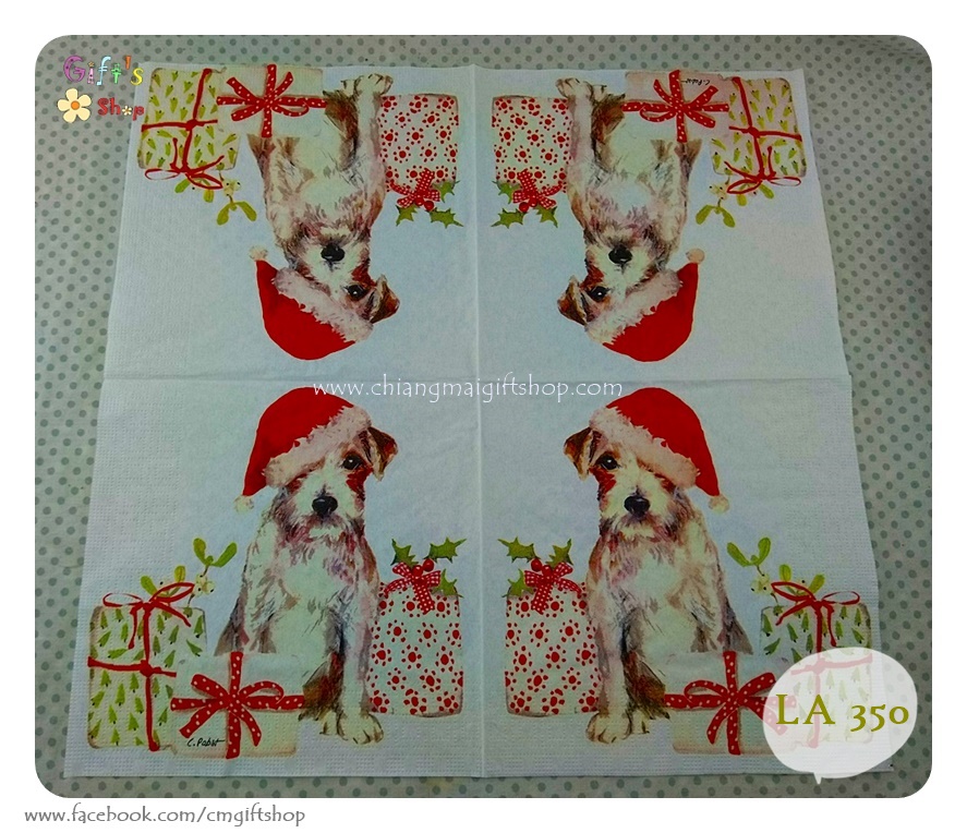 กระดาษแนปกิ้น ลายChristmas pup, ลายหมา, ลายสุนัข, ลายน้องหมา, ลายลูกหมา, ลายหมาคริสต์มาส, ลายหมากับกล่องของขวัญ, ลายหมาใส่หมวกสีแดง, พื้นหลังสีขาว