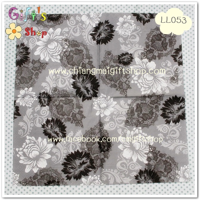 กระดาษแนปกิ้น ลายดอกไม้สีขาว สีเทา สีดำ พื้นหลังสีเทา วินเทจ