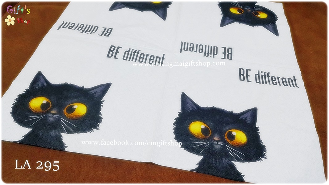 กระดาษแนปกิ้น ลายลูกแมวสีดำ ตาสีเหลือง ตัวอักษร Be different พื้นหลังสีขาว