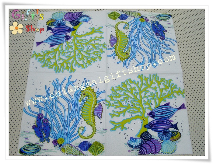 กระดาษแนปกิ้น ลายหอย, ลายปลา, ลายม้าน้ำ, ลายปะการัง, , ลายทะเล, ลายเรือ, ลายแนวทะเล พื้นหลังสีขาว