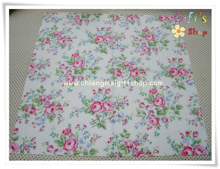กระดาษแนปกิ้น ลายดอกไม้สีชมพู สีฟ้า พื้นหลังสีขาว