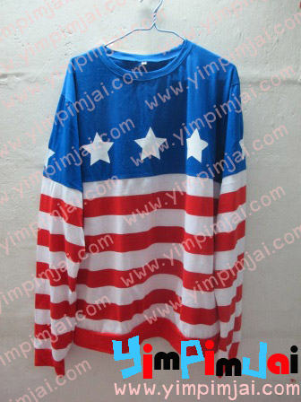 เสื้อยืดแขนยาวแต่งสีผ้าริ้วขาวแดง ตัดตามออเดอร์