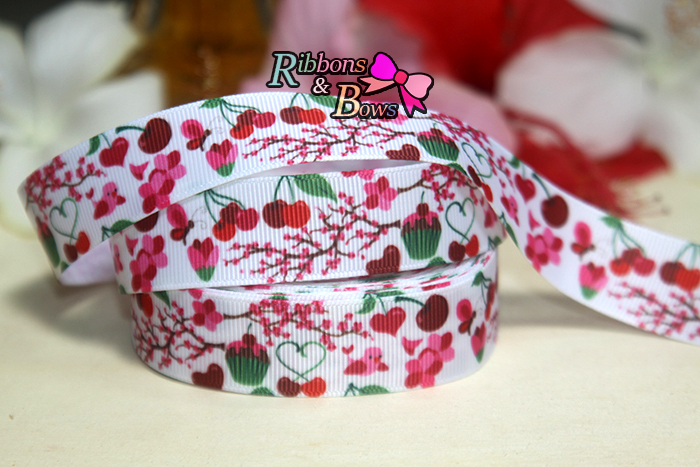 ริบบิ้นผ้าพิมพ์ลาย คัพเค้กกับเชอร์รี่ กว้าง 22 mm #FF29