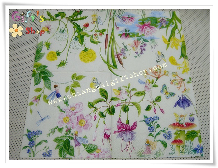 กระดาษแนปกิ้น ลายภูตน้อยกับดอกไม้ เห็ดสีแดง พื้นหลังสีครีม