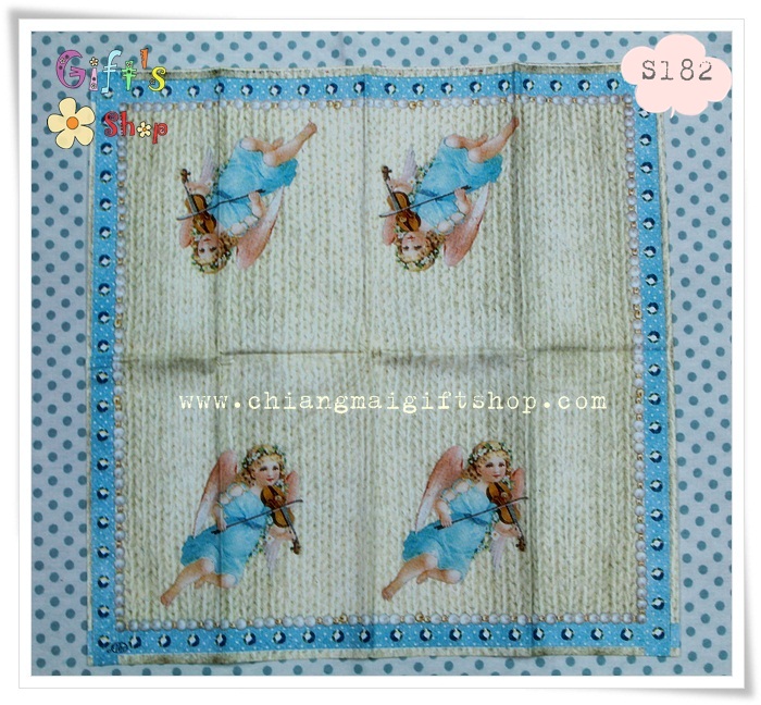 กระดาษแนปกิ้น ลายนางฟ้า พื้นหลังสีน้ำตาล ขอบสีฟ้า
