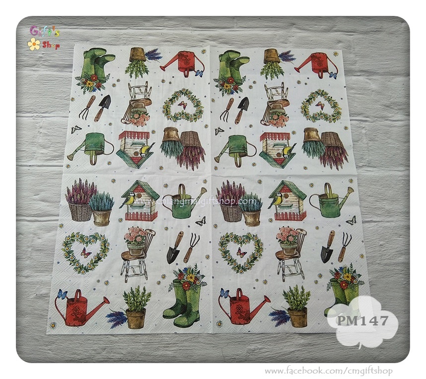 กระดาษแนปกิ้นยุโรป, ลายGarden feelings ,ลายทำสวน, ลายอุปกรณ์ทำสวน, ลายบ้านนก, ลายบัวรดน้ำ, ลายรองเท้าบูท, ลายช้อนปลูกส้อมปลูก, ลายกระถาง, พื้นหลังสีขาว, ลายดอกลาเวนเดอร์