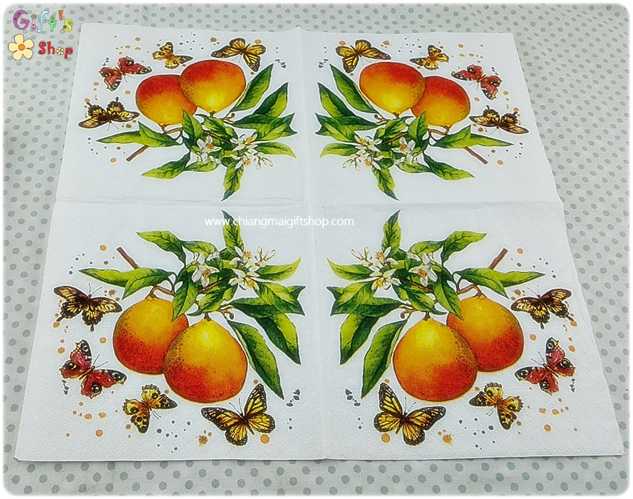 กระดาษแนปกิ้นยุโรป, ลายส้มกับผีเสื้อ, ลายส้ม, ลายดอกส้ม, ลายผีเสื้อ, ลายผลไม้, พื้นหลังสีขาว, Fruity Butterflies