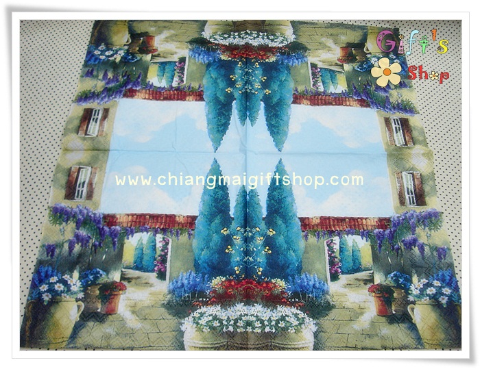 กระดาษแนปกิ้น ลายสวนดอกไม้ พื้นหลังสีฟ้า เขียวขี้ม้า