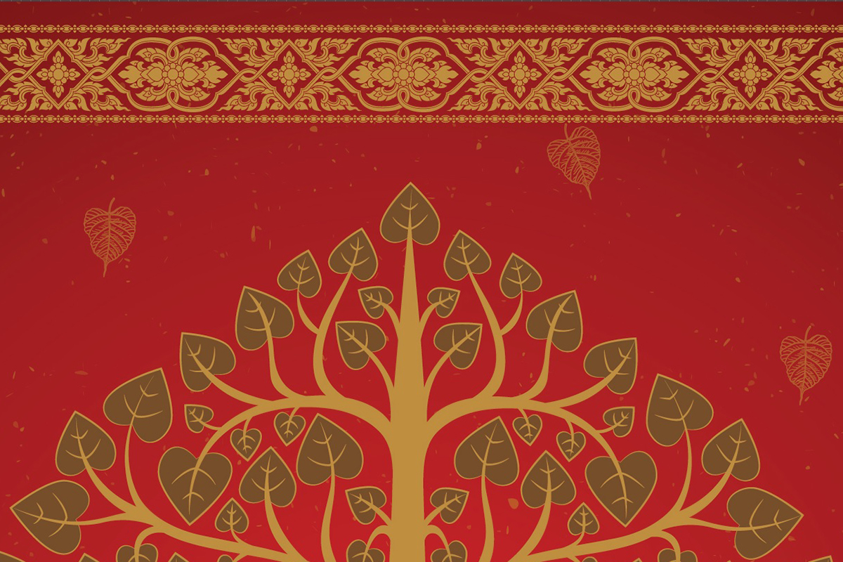 วอลเปเปอร์ภาพพิมพ์ ต้นโพธิ์-เทวดา-พญานาค ดีไซน์ใหม่ล่าสุด สีแดง CV-BDT2025-005RD