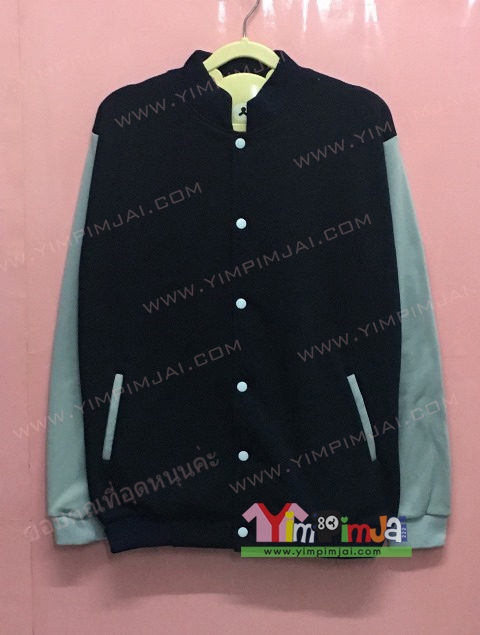 เสื้อกันหนาว เบสบอล สีดำ แขนยาวเทา กระดุมขาว มีกระเป๋า สกรีนตามสั่ง เสื้อเปล่า
