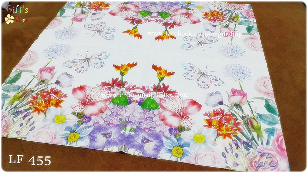 กระดาษแนปกิ้น ลายช่อดอกไม้ ทุ่งดอกไม้สีสันสดใส spring ฤดูใบไม้ผลิ ดอกไม้สีม่วง ชมพู ส้ม ขาวฟ้า ดอกกุหลาบ ผีเสื้อลายสีม่วง พื้นหลังสีขาว