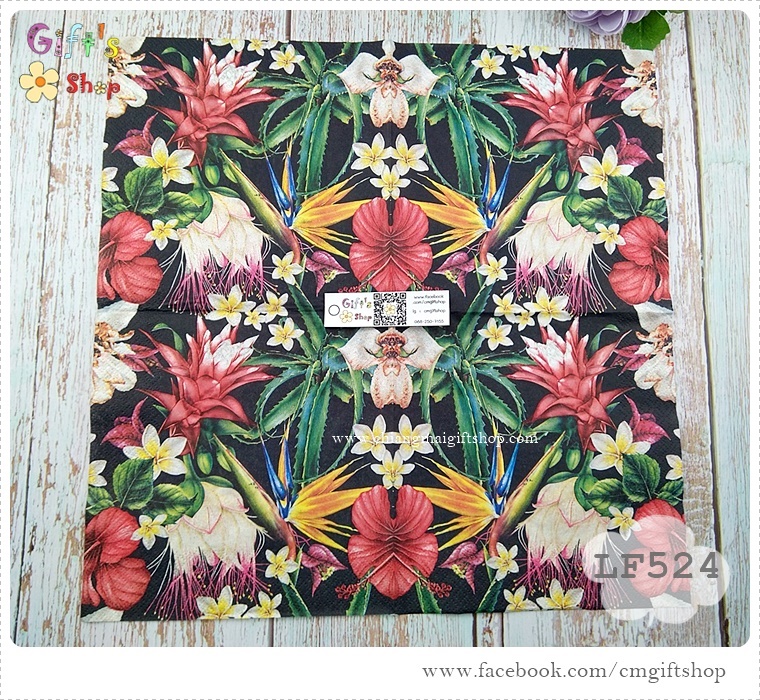 กระดาษแนปกิ้นยุโรป ,ลาย Paradise Flowers on Black, ลายดอกไม้, ลายดอกไม้สีสด, ลายดอกชบา, ลายทรอปิคอล, ลายดอกไม้หลายชนิด, ลายดอกไม้พื้นหลังสีดำ, ลายแนวทะเล
