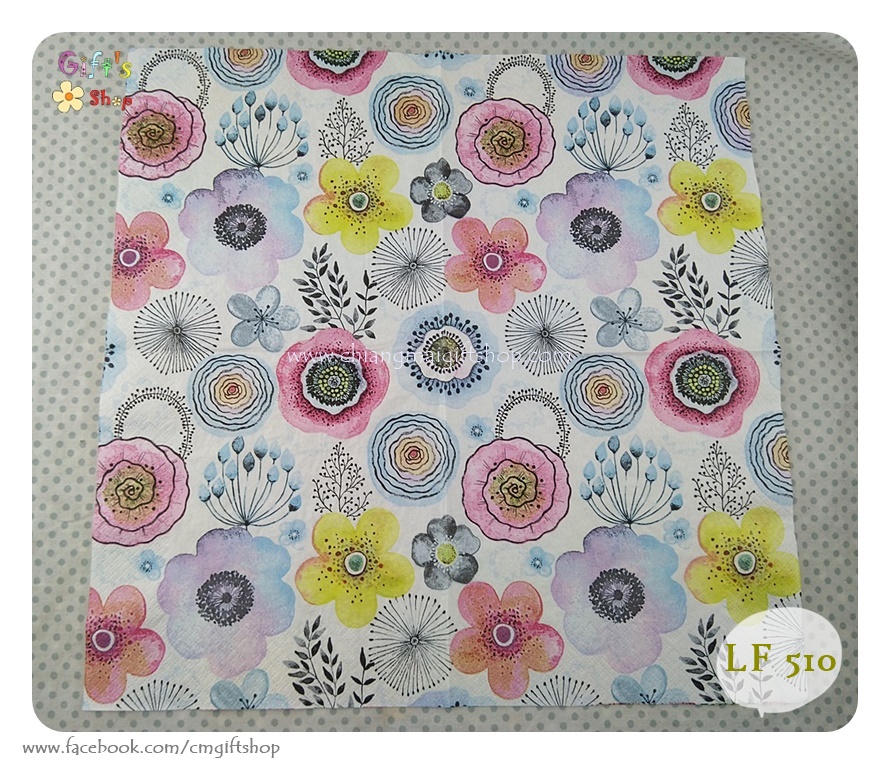 กระดาษแนปกิ้น ลายWatercolour Floral composition, ลายดอกไม้หลายสี, ลายดอกไม้สีน้ำ, ลายดอกไม้สีเหลือง, ลายดอกไม้สีฟ้า, ลายดอกไม้สีชมพู, ลายดอกไม้สีเทา, พื้นหลังสีขาว