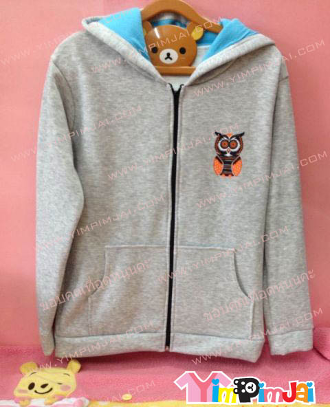 เสื้อกันหนาว สีเทา หมวกในฟ้า แขนยาว สกรีนตามสั่ง ลายการ์ตูน