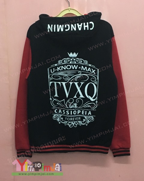 เสื้อแจ็คเก็ตเบสบอลแบบมีฮู้ดสีดำแขนแดง เสื้อแฟนเมด TVXQ