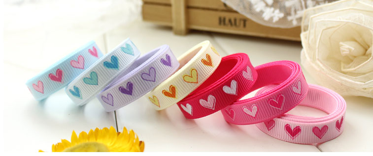 ริบบิ้นผ้าพิมพ์ลายหัวใจ กว้าง 10 mm มี 7 สี #HT6