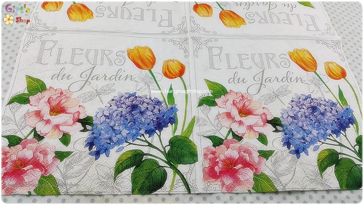 กระดาษแนปกิ้น ลายดอกไฮเดรนเยีย ลายดอกทิวลิป ลายดอกไม้สีชมพู ลายดอกไม้สีม่วง ลายดอกไม้สีส้ม พื้นหลังสีขาว Fleurs De Jardin