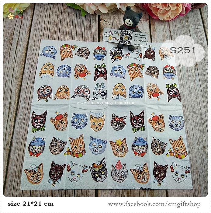 กระดาษแนปกิ้นยุโรป, ลายFunny cats, ลายแมวหลายแบบ, ลายหน้าแมวเล็กๆ, ลายหน้าแมว, พื้นหลังสีขาว