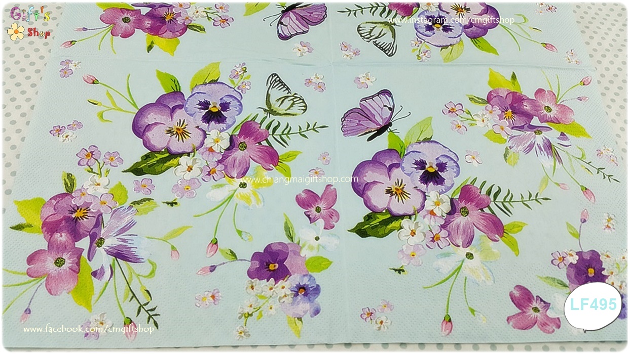 กระดาษแนปกิ้นยุโรป, ลายดอกไม้สีชมพูสีม่วง, พื้นหลังสีฟ้าอ่อน, ผีเสื้อสีม่วง , Spring Flowers on Blue Background,ลายดอกผีเสื้อ, ลายดอกหน้าแมว, ลายดอกแพนซี