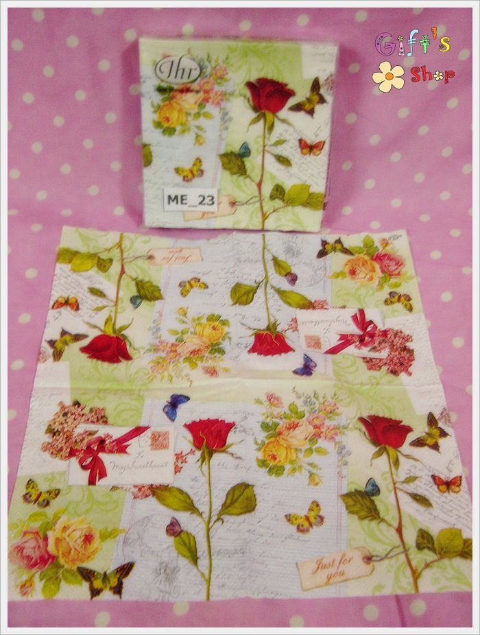 กระดาษแนปกิ้น ลายดอกกุหลาบสีแดง จดหมาย ผีเสื้อ