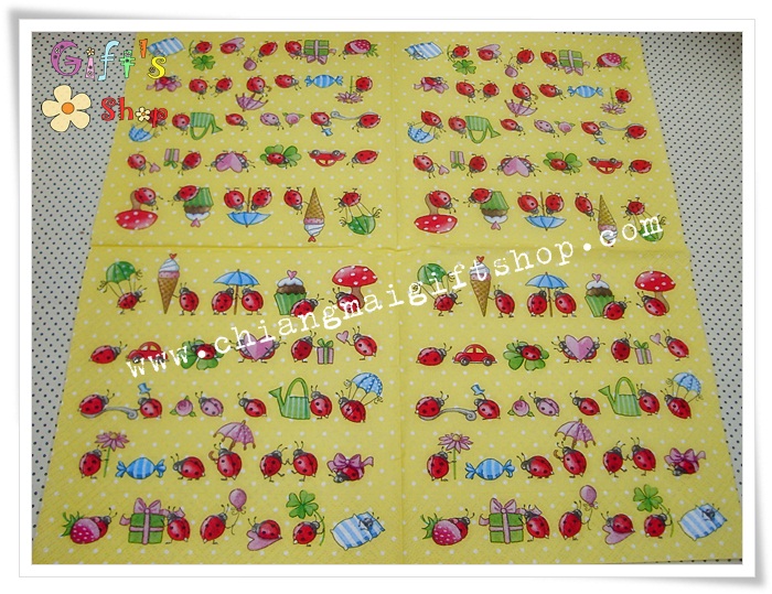 กระดาษแนปกิ้นยุโรป, ลายเต่าทองหรรษา, ลายบัวรดน้ำ, พื้นหลังสีเหลืองลายจุดขาว, ลายแมลงเต่าทอง, ลายเต่าทอง, ลายลูกอม, ลายไอติม