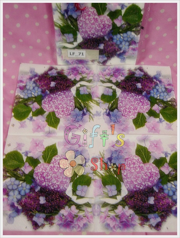 กระดาษแนปกิ้น ลายดอกไม้สีม่วงเรียงกันเป็นรูปหัวใจ, ลายดอกไม้สีม่วง, พื้นหลังสีขาว, ขอบสีม่วง, พื้นหลังสีอ่อน