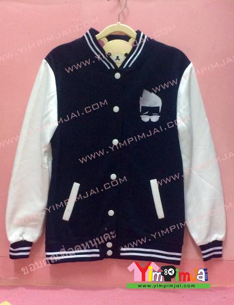 เสื้อกันหนาว เบสบอล สีดำ แขนขาว ลายตามสั่ง ปักโลโก้หน้า ส่วนหลังปัก POPETORN PWORG