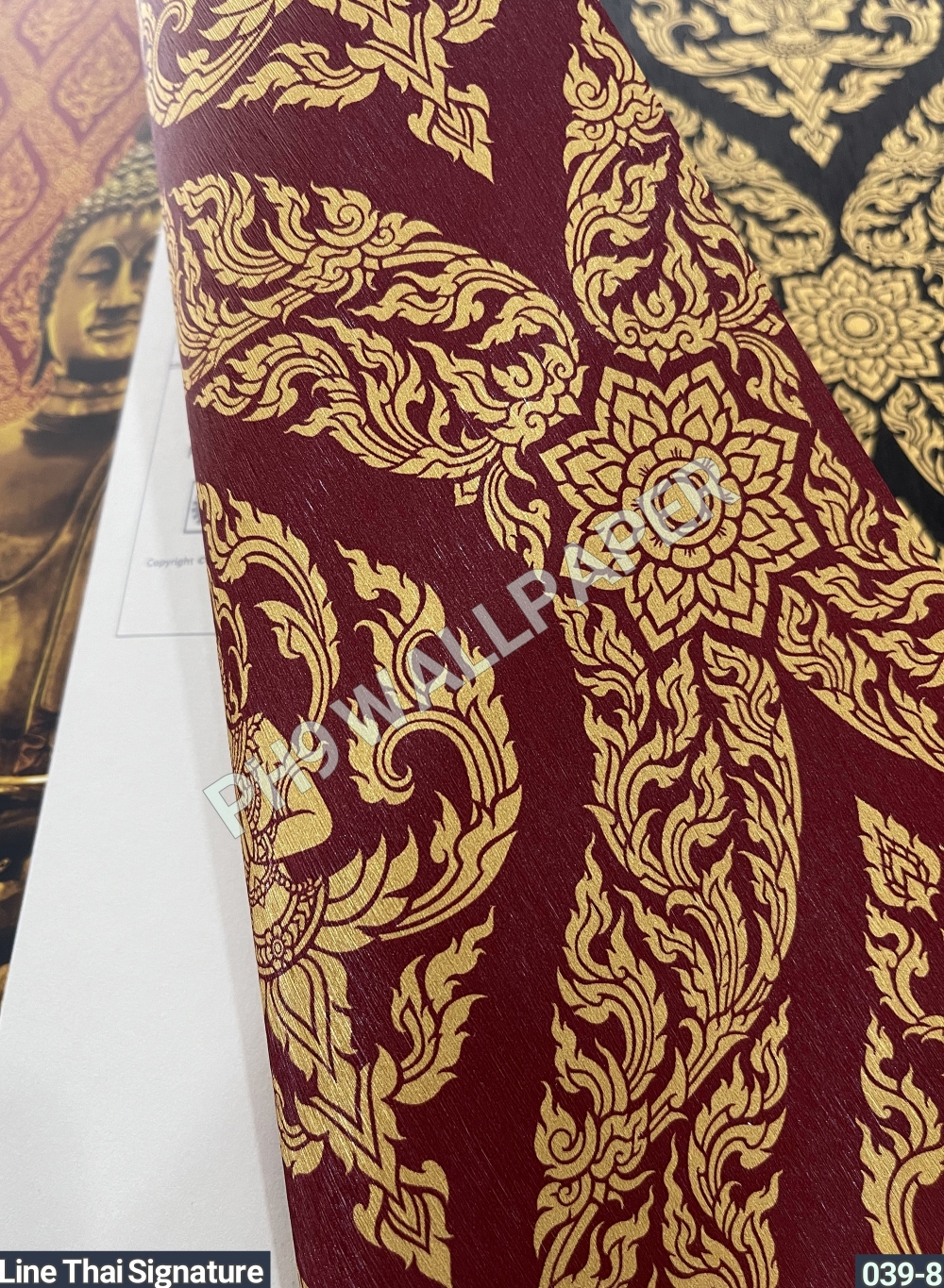 วอลเปเปอร์ลายไทย ลายเทพพนม สีทอง-พื้นแดง 039-8