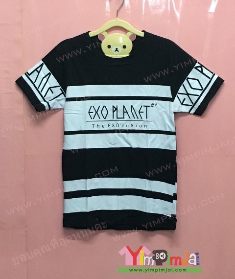 เสื้อยืด สีดำ ลายแถบขาว แขนสั้น สกรีนตามสั่ง EXO PLANET The EXO lu Xion
