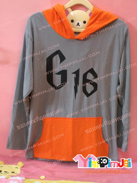 เสื้อฮู้ด เสื้อรุ่น สีเทา หมวกส้ม กระเป๋าส้ม สกรีนตามสั่ง GIG
