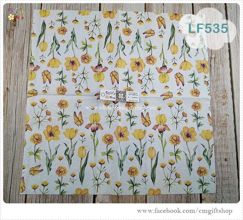 กระดาษแนปกิ้นยุโรป ,ลายดอกไม้สีเหลืองหลายชนิด, ลายYellow Blossoms, ลายดอกไม้โทนสีเหลือง, ลายดอกไม้, ลายดอกไม้สีเหลือง, ลายผีเสื้อ, ลายดอกไม้พื้นหลังสีขาว