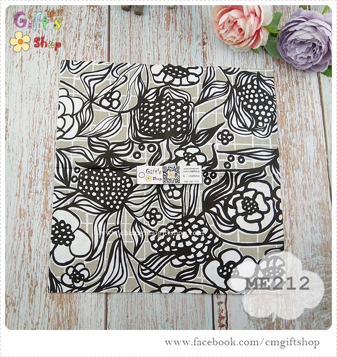 กระดาษแนปกิ้น ลาย FLORISTI linen ลายดอกไม้ลายเส้นสีขาวดำเทา ลายของ Marimekko