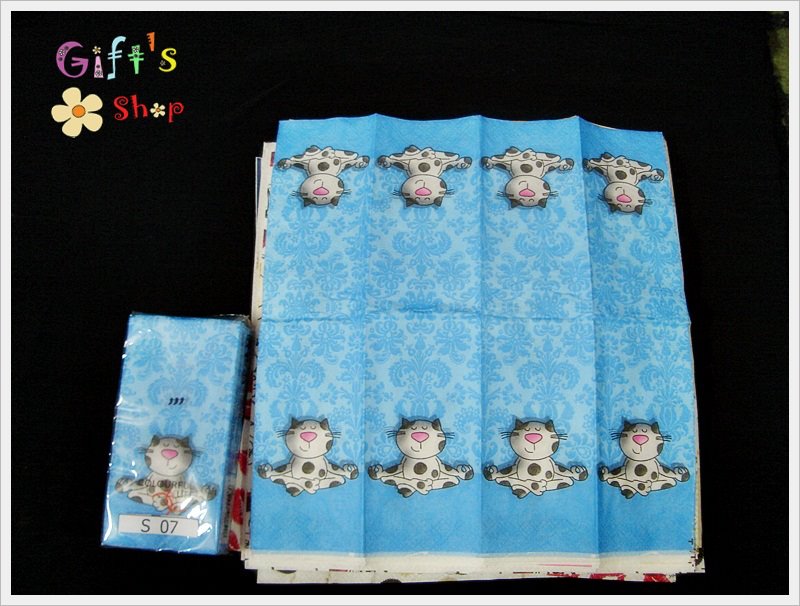 กระดาษแนปกิ้น, ลายแมวนั่งสมาธิ, พื้นหลังสีฟ้า, ลายแมว, ลายเล็กๆ