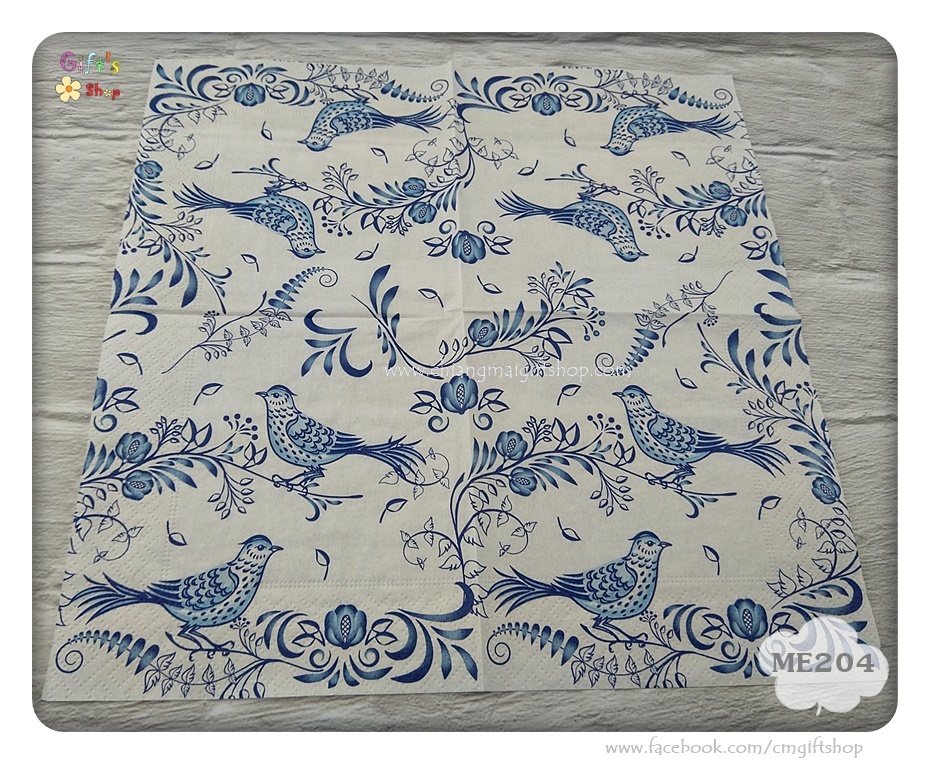กระดาษแนปกิ้นยุโรป, ลายPorcelain bird, ลายนกลายคราม, ลายนก, ลายคราม, ลายนกเกาะกิ่งไม้สีน้ำเงินขาว, พื้นหลังสีขาว, ลายโทนสีน้ำเงินขาว