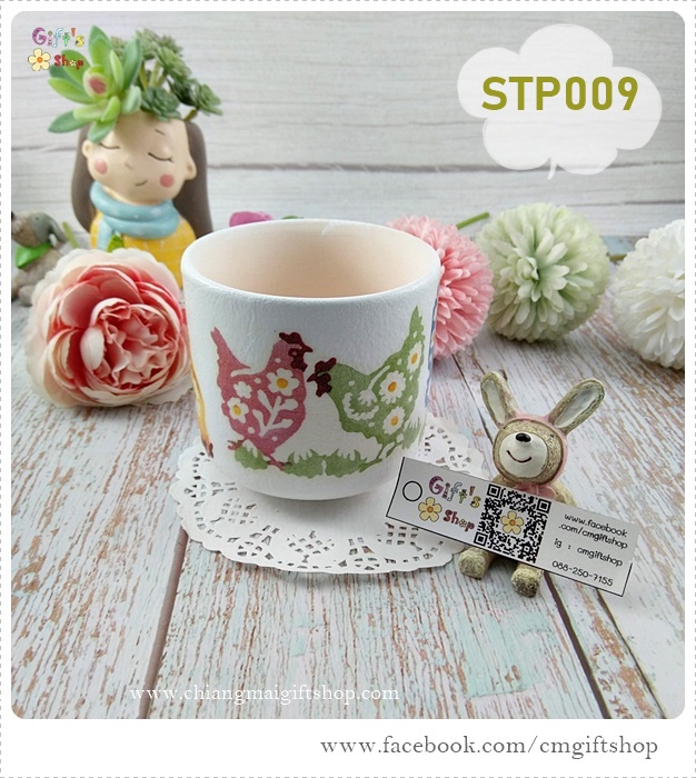 "กระถางแคคตัสแฮนด์เมด" กระถางต้นไม้ ทรงตรง 3.2 นิ้ว งานแฮนด์เมด แบบ 1 ใบ ลายไก่สีหวาน STP009