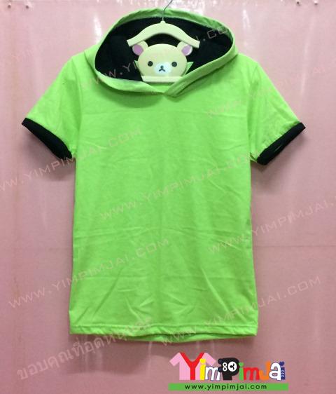 เสื้อฮู้ด สีเขียว แขนสั้น หมวกเขียวในดำ สกรีนตามสั่ง เสื้อเปล่า